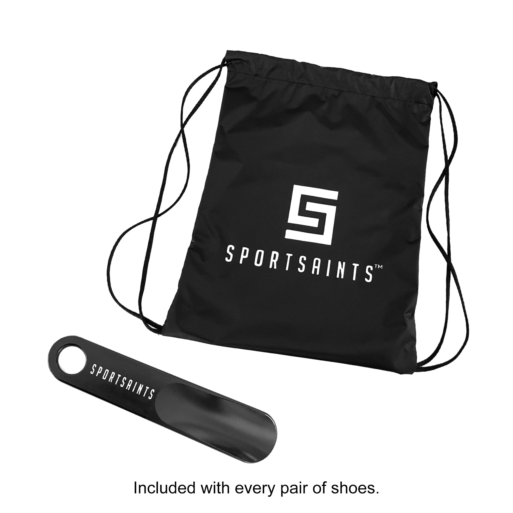 Drawstring shoe bag and shoe horn included with every pair of shoes.